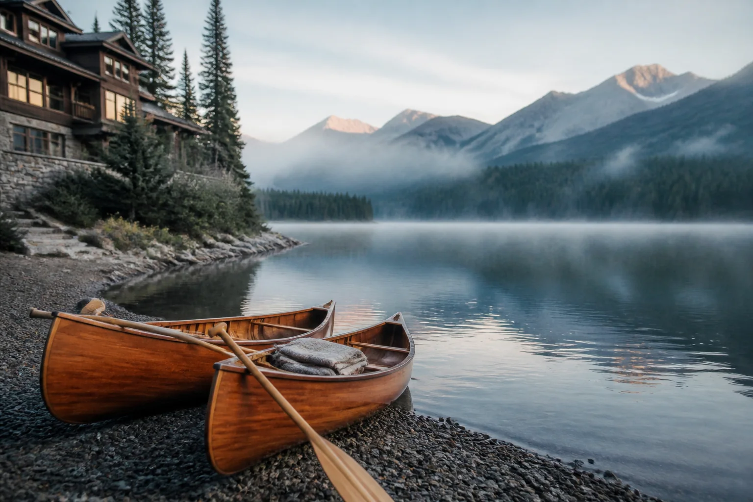 A lone canoe crossing a calm lake in early morning mist
