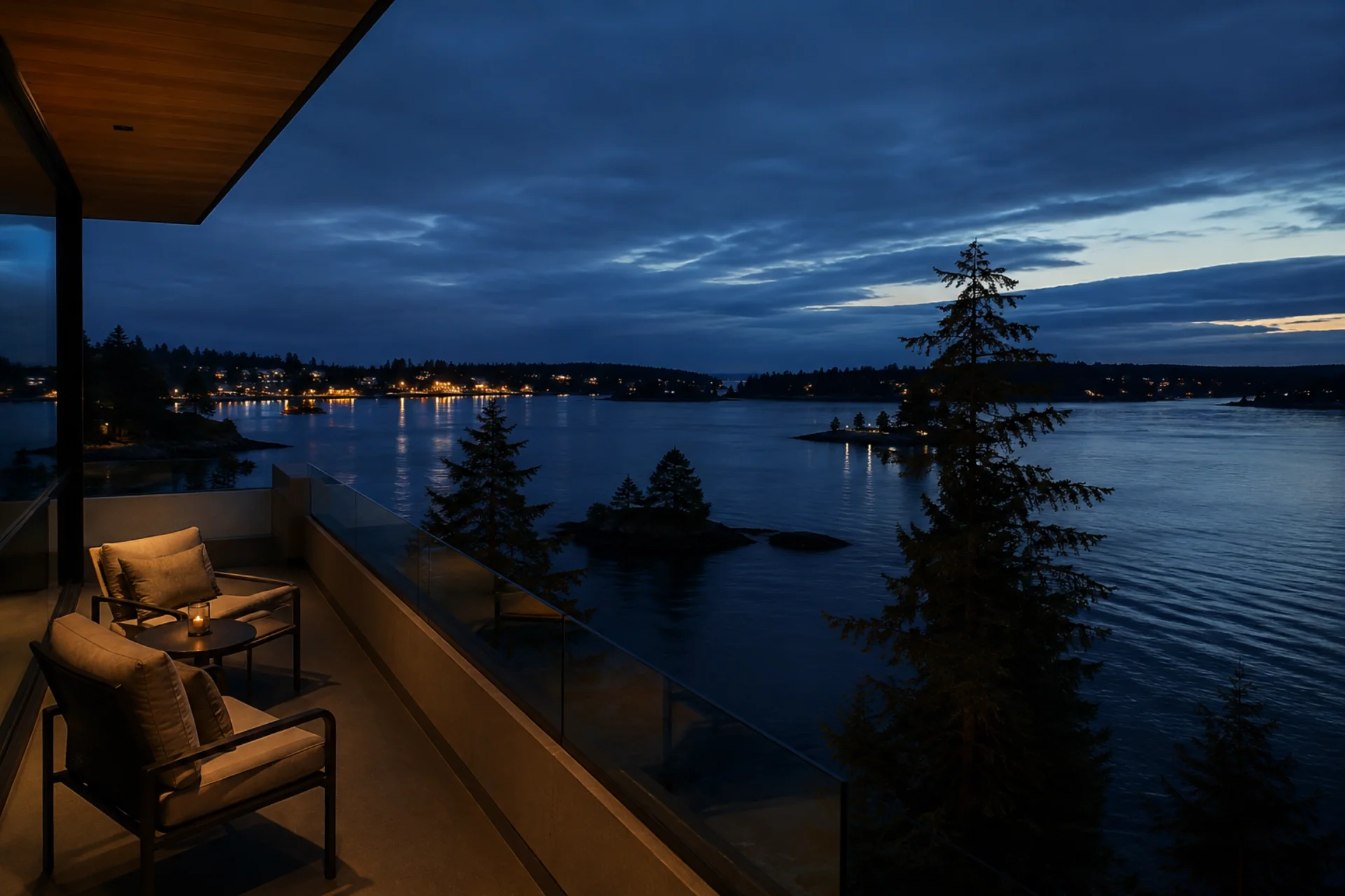 A quiet waterfront terrace looking across island lights at blue hour
